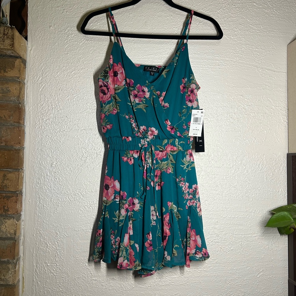 Trixxi Teal Floral Spaghetti-Strap Romper